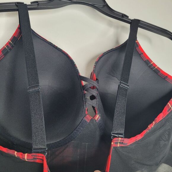 Torrid XO Plunge Push-Up Bra red black plaid underwire sexy size 46DD - Picture 4 of 6